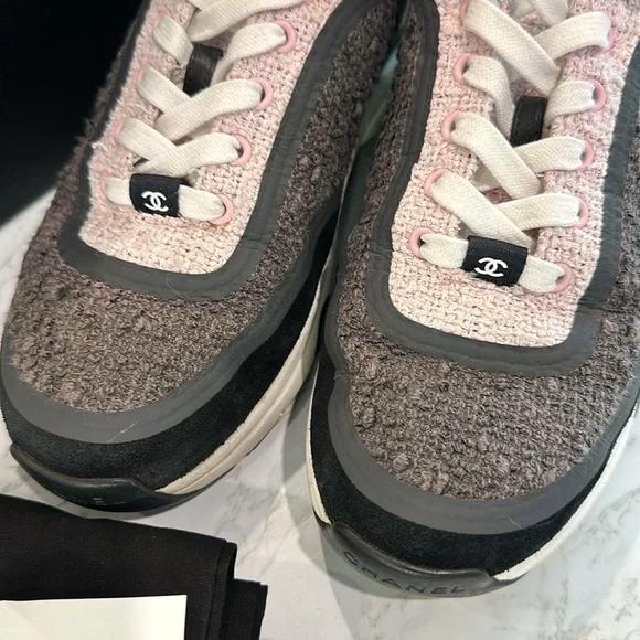 CHANEL pink and grey tweed sneakers size 37.5 - Picture 3 of 12